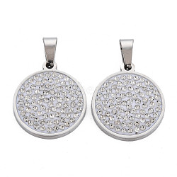 201 Stainless Steel Pendants, with Crystal Rhinestone and Stainless Steel Snap On Bails, Flat Round, Stainless Steel Color, 23x20x3mm, Hole: 3x7mm(STAS-N095-038P)