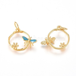 Brass Charms, with Enamel and Jump Rings, Ring with Butterfly & Flower, Sky Blue, Golden, 11.5x14x3mm, Hole: 3.2mm(ZIRC-L070-82G)