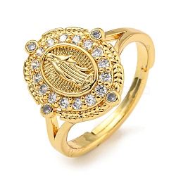 Oval with Saint Rack Plating Brass Micro Pave Cubic Zirconia Adjustable Rings, Lead Free & Cadmium Free, Real 18K Gold Plated, Inner Diameter: 15.5mm, Surface: 15x13mm(RJEW-I105-04G-08)