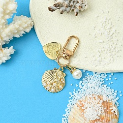 Heart & Shell Shape Alloy & ABS Plastic Imitation Pearl Pendant Decoration, for Bag Ornaments, Golden, 62mm, Pendant: 16~28mm(HJEW-YW00027-01)