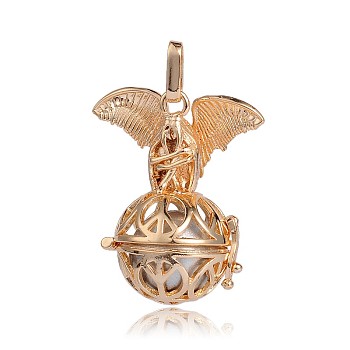 Golden Plated Brass Hollow Round Cage Pendants, with No Hole Spray Painted Brass Beads, Silver, 38x31x20mm, Hole: 3x8mm