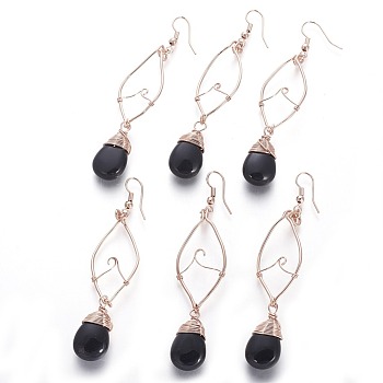 Natural Obsidian Dangle Earring, with Rose Gold Tone Brass Findings, teardrop, 85~86x18.8x8.5mm, pin: 0.6mm