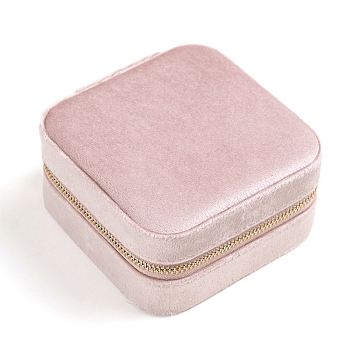 Square Velet Zipper Jewelry Set Boxes, Travel Portable Mirror Jewelry Case, for Necklace Ring Earring Pendant Storage Case, Pink, 10x10x5cm