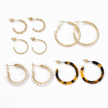 Ring Shape Stud Earrings Set, Imitation Pearl Beads Half Hoop Earrings, Open Hoop Earrings for Women, Golden, 19~35x1.5~5mm, Pin: 0.8mm, 5 pairs/set