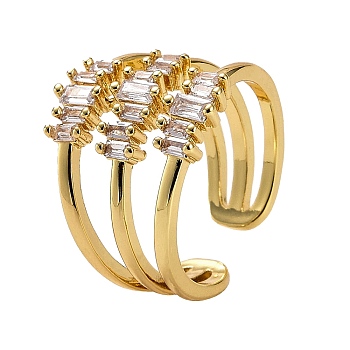 Three Line Cubic Zirconia Cuff Ring, Real 18K Gold Plated Brass Hollow Wide Open Ring for Women, Real 18K Gold Plated, 7~11.5mm, Inner Diameter: 17.9mm