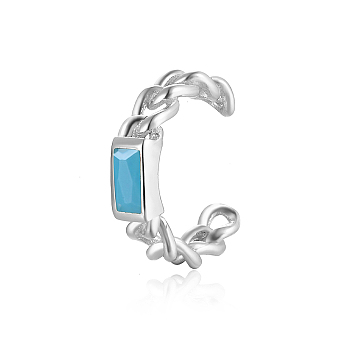 Anti-Tarnish Geometric Rectangle Fashionable Silver Clip-on Earrings with S925 Silver Chain Charm, Blue, Platinum, 5x3x11mm