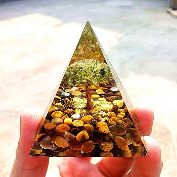 Orgonite Pyramid Resin Display Decorations, with Natural Peridot Chips Tree of Life Inside, for Home Office Desk, 60x60mm
