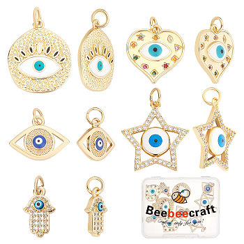 10Pcs 5 Style Brass Micro Pave Clear Cubic Zirconia Pendants, with Enamel and Jump Ring, Hamsa Hand/Hand of Miriam with Evil Eye & Star with Evil Eye, Real 18K Gold Plated, 11.5~19.5x8.5~18x2~4mm, 2pcs/style