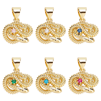 Nbeads 6Pcs 6 Colors Brass Micro Pave Cubic Zirconia Charms, Cadmium Free & Nickel Free & Lead Free, Real 16K Gold Plated, Snake, Mixed Color, 13.5x14x6mm, Hole: 3x5mm, 1pc/color