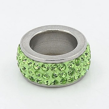 304 Stainless Steel Column Beads, with Polymer Clay Rhinestone, Stainless Steel Metal Color, Peridot, 13x6mm, Hole: 8mm