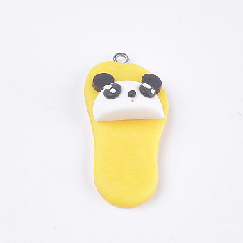 Handmade Polymer Clay Pendants, with Iron Findings, Slipper with Panda, Platinum, Yellow, 42~43x19~20x11~14mm, Hole: 1.5mm