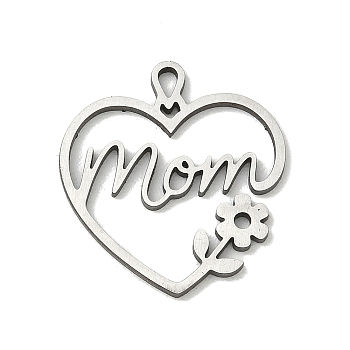 Mother's Day Hollow 201 Stainless Steel Pendants, Heart with Mom & Flower Charms, Stainless Steel Color, 23x21x1mm, Hole: 2.5x1.5mm