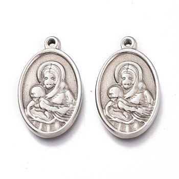 201 Stainless Steel Pendants, Oval with Virgin and Child, Stainless Steel Color, 23x14x3mm, Hole: 1.6mm