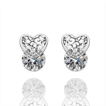 Heart Real Platinum Plated Eco-Friendly Tin Alloy Cubic Zirconia Stud Earrings, 16x12mm