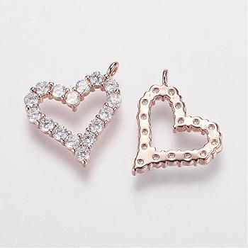 Brass Micro Pave Grade AAA Cubic Zirconia Charms, Heart, Cadmium Free & Nickel Free & Lead Free, Real Rose Gold Plated, 15x13x2mm, Hole: 1mm