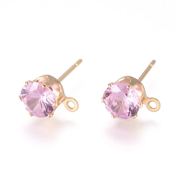 Brass Stud Earring Findings, with 316 Surgical Stainless Steel Pin, Cubic Zirconia and Loop, Long-Lasting Plated, Flat Round, Real 14K Gold Plated, Pink, 8x6x5.5mm, Hole: 1mm, Pin: 0.7mm