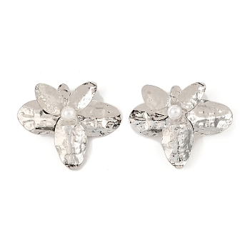 Flower Iron Stud Earrings, with Alloy Pin and Imitation Pearl, Platinum, 70x80mm