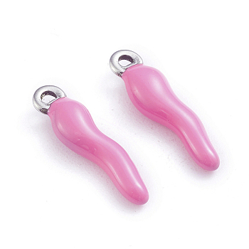 304 Stainless Steel Pendants, Enamelled Sequins, Horn of Plenty/Italian Horn Cornicello Charms, Stainless Steel Color, Pearl Pink, 17.5x4.5x3.5mm, Hole: 1mm