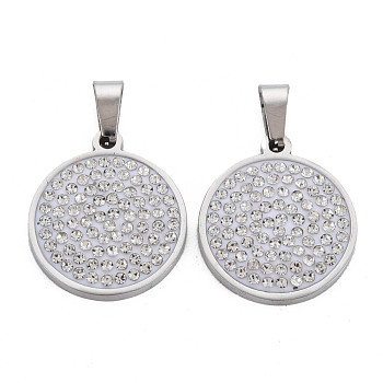 201 Stainless Steel Pendants, with Crystal Rhinestone and Stainless Steel Snap On Bails, Flat Round, Stainless Steel Color, 23x20x3mm, Hole: 3x7mm