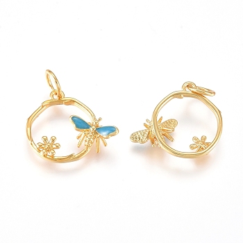 Brass Charms, with Enamel and Jump Rings, Ring with Butterfly & Flower, Sky Blue, Golden, 11.5x14x3mm, Hole: 3.2mm