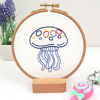 DIY Display Decoration Embroidery Kit, including Embroidery Needles & Thread & Fabric, Plastic Embroidery Hoop, Jellyfish Pattern, 88x67mm