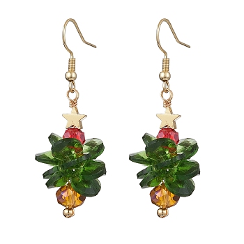 Christmas Tree Glass Dangle Earrings, with 304 Stainless Steel Earring Hooks, Golden, 51x17mm