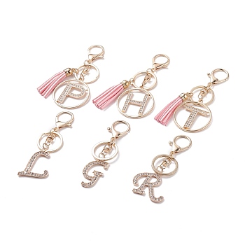 Alloy Rhinestone Keychain, with Lobster Claw Clasps and PU Leather Tassel, Alphabet, Letter A~Z, Light Gold, 9.3~12.3cm