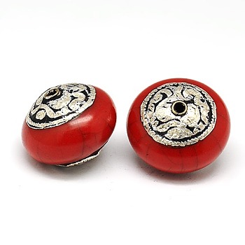 Handmade Tibetan Style Beads, Thailand 925 Sterling Silver with Turquoise, Coral and Beeswax, Flat Round, Antique Silver, Dark Red, 22x17.5mm, Hole: 2mm