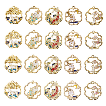 Golden Plated Alloy Enamel Pendants, Flower Shape with White Cat & Deer Pattern, White, 29~30x27~28mm, 20pcs/Box
