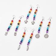 Gemstone Chakra Dangle Earrings, with Brass Earring Hooks and Alloy Pendants, Mixed Shape, 82~88mm, Pin: 0.6mm, Pendant: 15~22x7~17x1.5~3mm(EJEW-P136-C)