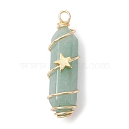 Natural Green Aventurine Copper Wire Wrapped Pointed Pendants, Faceted Bullet Charms with Golden Tone Brass Star Beads, 34.5~37x10.5x12mm, Hole: 2.7mm(PALLOY-JF02461-04)