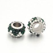 Nice Large Hole Rondelle 304 Stainless Steel Polymer Clay Pave Two Tone Rhinestone European Beads, Stainless Steel Color, Emerald & Crystal, 12x7mm, Hole: 5mm(CPDL-N008-01I)