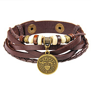 12 Constellation Snap Bracelets, Leather Cord with Brass Findings, Flat Round, Cancer, 8-5/8 inch(22cm)(BJEW-P240-A04)