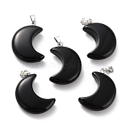 Natural Obsidian Pendants, with Platinum Brass Loops, Moon, 29x18~21x7~10mm, Hole: 6x3mm(X-G-Z022-02L)