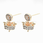Brass Micro Pave Clear Cubic Zirconia Stud Earring Findings, for Half Drilled Bead, Nickel Free, Crown, Real 18K Gold Plated, 14x8.5mm, Pin: 0.7mm, Pin: 0.7mm(for Half Drilled Bead)(KK-T062-57G-NF)