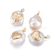 Natural Cultured Freshwater Pearl Pendants, with Brass Micro Pave Cubic Zirconia Findings, Nuggets, Heart with Dog Footprints, Golden, Clear, 17~26x11~16x5~11mm, Hole: 1.6~2mm(PEAR-L027-36A)