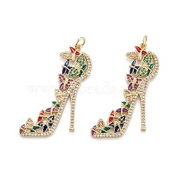 Brass Micro Pave Colorful Cubic Zirconia Pendants, with Jump Rings, High-heeled Shoes, Real 18K Gold Plated, 36.5x23x2mm, Hole: 3.5mm(ZIRC-A020-22G)