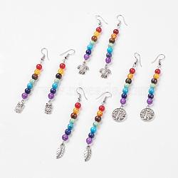 Gemstone Chakra Dangle Earrings, with Brass Earring Hooks and Alloy Pendants, Mixed Shape, 82~88mm, Pin: 0.6mm, Pendant: 15~22x7~17x1.5~3mm(EJEW-P136-C)