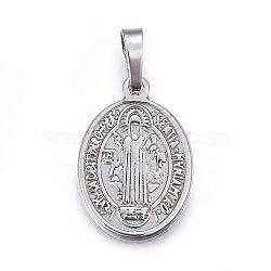 201 Stainless Steel Pendants, Oval with Saint Benedict Medal, Stainless Steel Color, 24x16.5x2mm, Hole: 5x8mm(STAS-F177-05P)