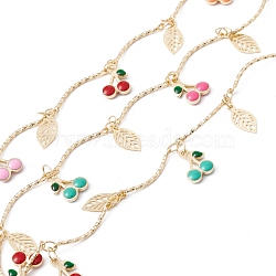 Handmade Eco-friendly Brass Enamel Cherry & Leaf Charms Chain, with Curved Bar Link Chains, Real 18K Gold Plated, Lead Free & Cadmium Free, Soldered, with Spool, Colorful, 18x1x1mm(CHC-E025-43G)