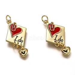 Brass Enamel Pendants, Long-Lasting Plated, Real 18K Gold Plated, Rhombus with Heart & Word I DO, Red, 29x15.5x2.4mm, Hole: 3.3mm(KK-B026-14G)