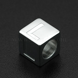 201 Stainless Steel European Beads, Large Hole Beads, Horizontal Hole, Cube, Stainless Steel Color, Letter.L, 7x7x7mm, Hole: 5mm(STAS-N090-LA062-L)