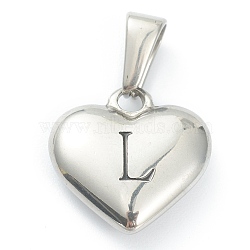 304 Stainless Steel Pendants, Heart with Black Letter, Stainless Steel Color, Letter.L, 16x16x4.5mm, Hole: 7x3mm(STAS-P278-01L-P)