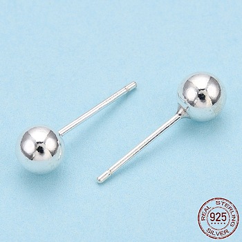 925 Sterling Silver Round Ball Stud Earrings, Silver, 5mm, Pin: 0.8mm