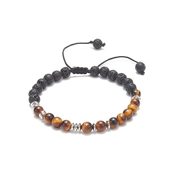 Natural Tiger Eye & Lava Rock Braided Bead Bracelet, Essential Oil Gemstone Yoga Jewelry for Women, Inner Diameter: 2-1/8~3-1/2 inch(5.4~9.1cm)