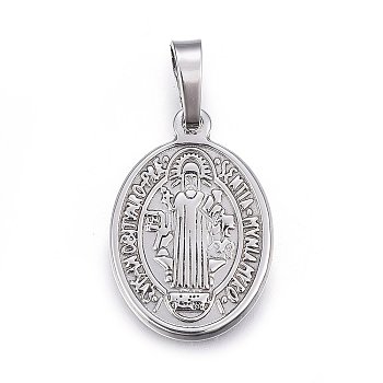 201 Stainless Steel Pendants, Oval with Saint Benedict Medal, Stainless Steel Color, 24x16.5x2mm, Hole: 5x8mm