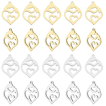 DICOSMETIC 20PCS 2 Colors 201 Stainless Steel Pendants, Heart with Mother and Child, For Mother's Day, Golden & Stainless Steel Color, 24x17x1mm, Hole: 1.5mm, 10pcs/color