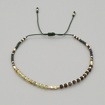 Natural Mixed Gemstone & Glass Seed Braided Bead Bracelets, Adjustable Bracelet, Dark Olive Green, No Size
