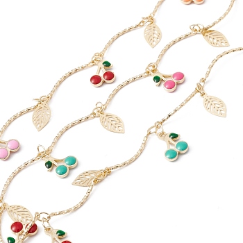 Handmade Eco-friendly Brass Enamel Cherry & Leaf Charms Chain, with Curved Bar Link Chains, Real 18K Gold Plated, Lead Free & Cadmium Free, Soldered, with Spool, Colorful, 18x1x1mm