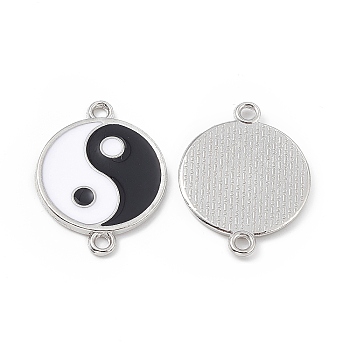 Alloy Connector Charms, with Enamel, Flat Round Links with Yin Yang Pattern, Black & White, Platinum, 24x18x1.5mm, Hole: 1.8mm